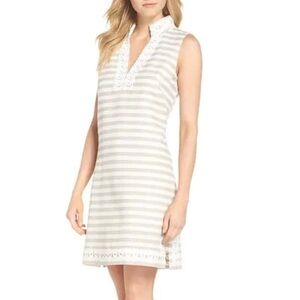 Eliza J Dress Womens 10 Beige White Linen Cotton Sleeveless Stripe‎ Sundress